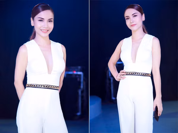 Yến Trang mặc jumpsuit trắng muốt tự thiết kế đi event