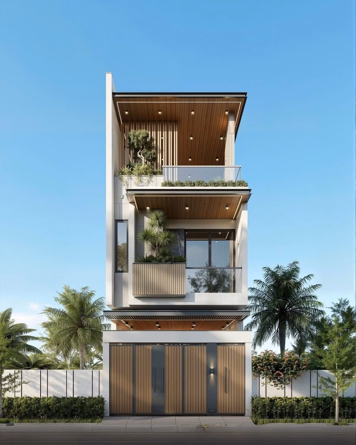 Hệ mái hiên lớn vươn dài theo từng tầng giúp nhà phố 3 tầng tăng khả năng che nắng hiệu quả