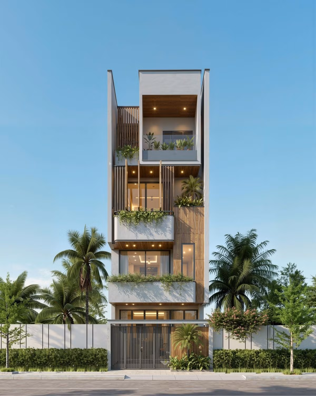 Nhà phố 4 tầng thiết kế hình khối đua nhẹ kết hợp lam gỗ đứng, tạo chiều sâu thị giác và mang đến cảm giác thanh thoát