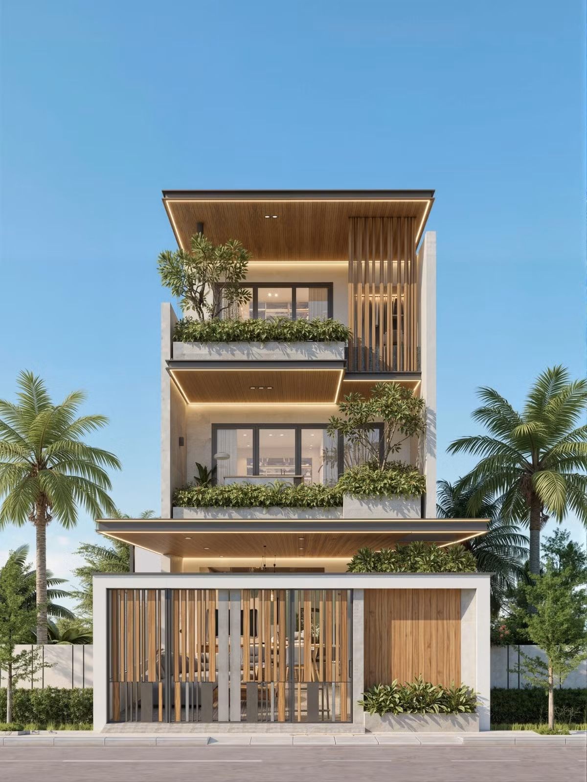 Nhà phố 3 tầng gây ấn tượng với các lớp ban công xếp tầng kết hợp trần ốp gỗ và hệ đèn hắt