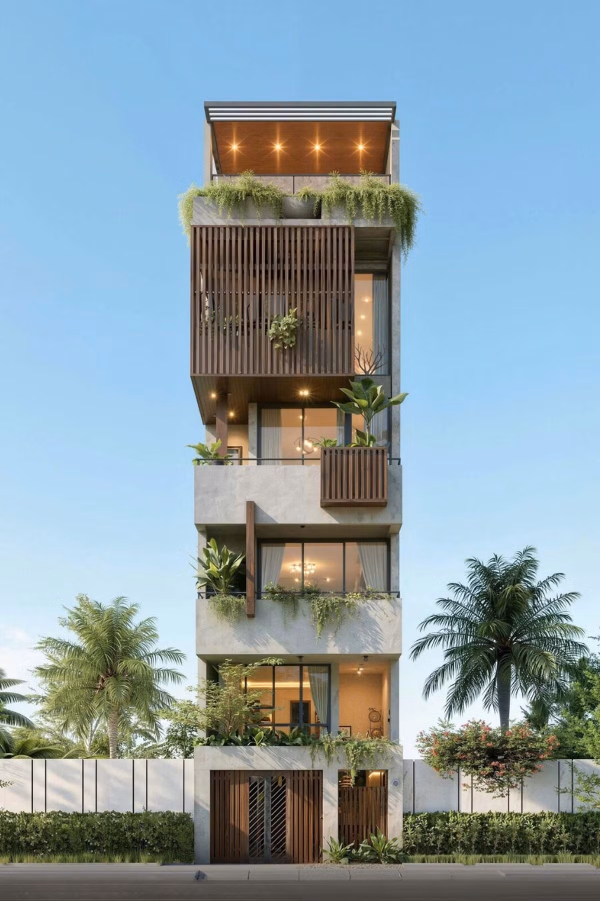 Hệ lam gỗ kích thước lớn bao phủ giúp mặt tiền nhà phố 6 tầng tăng khả năng che nắng và tạo riêng tư