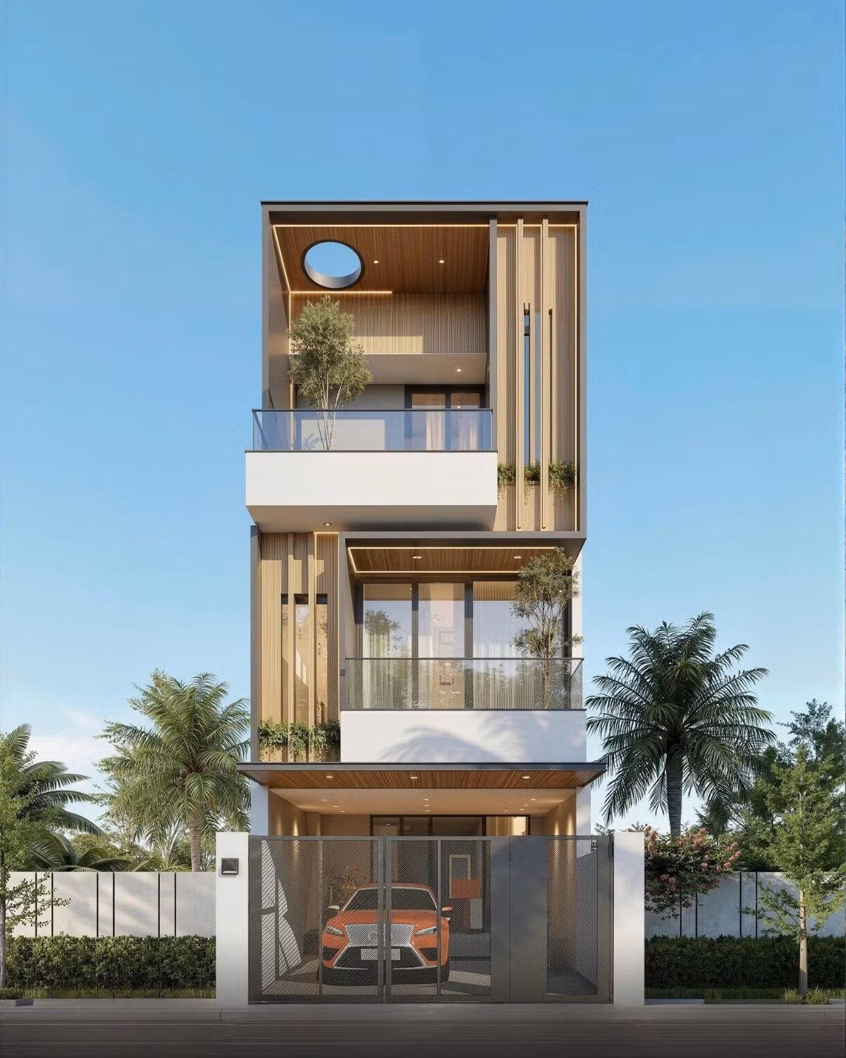 Hệ lam đứng chạy xuyên suốt từ tầng hai đến tầng trên cùng giúp mặt tiền nhà phố 3 tầng trở nên thanh thoát