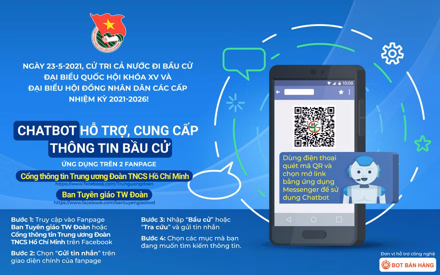 Chatbot hỗ trợ, cung cấp thông tin bầu cử ứng dụng trên 2 Fanpage: Cổng thông tin Trung ương Đoàn và Ban Tuyên giáo Trung ương Đoàn.