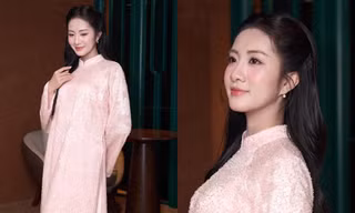 Ngắm Hoa hậu Hà Trúc Linh đẹp dịu dàng trong tà áo dài hồng đính kim sa