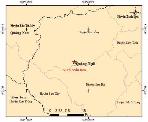 Tâm chấn trận động đất xảy ra trưa nay ở Quảng Ngãi. Nguồn: Trung tâm Báo tin động đất và cảnh báo sóng thần cung cấp.
