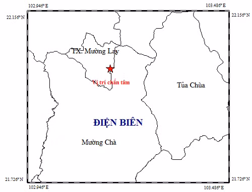 Tâm chấn trận động đất xảy ra sáng nay tại tỉnh Điện Biên. 