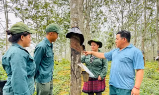 Vợ chồng anh Lường Văn Tâm - chị Lù Thị Vân trên chiếc xe máy leo dốc vào rừng cao su