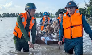 Lực lượng công an, quân sự phường Hải Dương hỗ trợ người dân ven sông sơ tán tài sản, vật dụng thiết yếu.