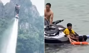 Biểu diễn flyboard tại hồ núi Lớ Ninh Bình với người chơi bay trên mặt nước