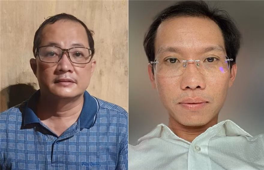 Ông Quân (áo xanh) và ông Lợi sau khi bị bắt.