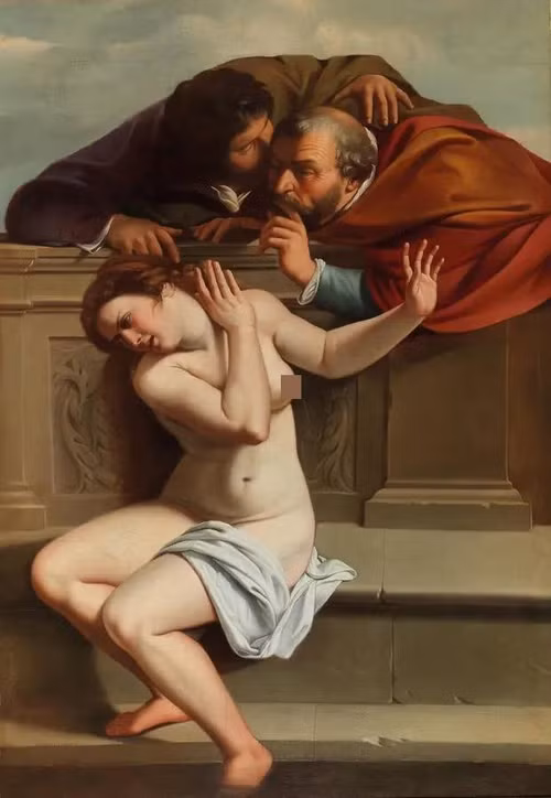 Susanna hoảng hốt khi bị hai gã đàn ông âm mưu cưỡng hiếp trong tranh của Artemisia Gentileschi. Ảnh: Getty Images.