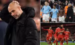 HLV Pep Guardiola tỏ ra buồn bã sau trận thua trước Liverpool.