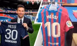 Áo đấu Messi (phải) vẫn xuất hiện ở cửa hàng tại Barcelona.