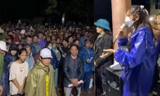 Ca sĩ Thủy Tiên về hỗ trợ người dân chịu thiệt hại do lũ lụt tại xã Cảnh Hóa, huyện Quảng Trạch vào tháng 10/2020. Ảnh: DT