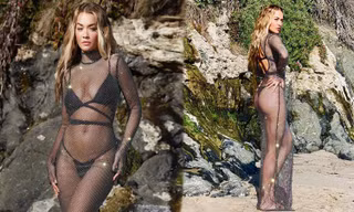 Rita Ora mặc váy lưới ‘có như không’ khoe đường cong rực lửa với bikini bé xíu