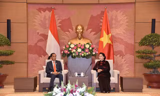 Chủ tịch Quốc hội nhiệt liệt chào mừng Tổng thống Joko Widodo lần đầu tiên thăm chính thức Việt Nam. Ảnh: Như Ý