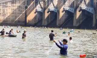 Người dân ùa xuống đập tràn nhà máy thủy điện Trị An săn 'lộc trời'