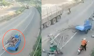 Clip: Khoảnh khắc xe ba gác lao vào xe tải, tài xế bị thanh sắt xiên qua đùi