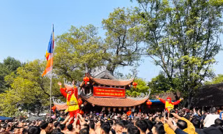 'Biển người' chen chân tham dự nghi lễ 'dô ông đám' tại lễ rước pháo Đồng Kỵ