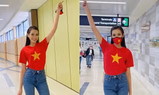 Đỗ Thị Hà diện áo cờ đỏ sao vàng nổi bật ở sân bay Mỹ, chuẩn bị nhập cuộc tại Miss World 
