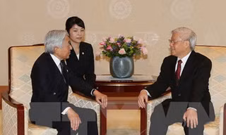 Nhật hoàng Akihito đón tiếp Tổng bí thư Nguyễn Phú Trọng hôm nay. Ảnh: TTXVN.