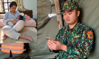Đại úy Lê Ngọc Dũng trò chuyện với vợ con (ảnh nhỏ) qua điện thoại từ chốt chống dịch