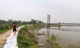 Hà Nội: Nước sông Bùi rút sâu, người dân ra đê câu cá