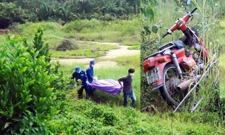 Thi thể khô quắt cạnh xe máy nằm ở bụi rậm được người dân phát hiện.