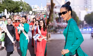 "Đại sứ áo dài" Hoa hậu H'Hen Niê diễu hành với giày thể thao