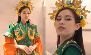 Hoa hậu Đỗ Thị Hà quyền lực trong trang phục nữ tướng của phần trình diễn múa ở Miss World
