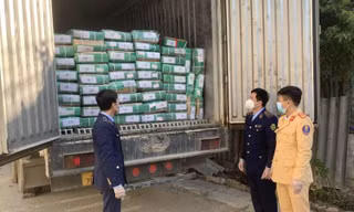 Lực lượng chức năng tỉnh Lạng Sơn tiến hành kiểm tra 14 tấn hàng đông lạnh không có giấy tờ hợp lệ -Ảnh: TL