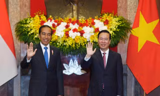 Chủ tịch nước Võ Văn Thưởng và Tổng thống Indonesia Joko Widodo chụp ảnh chung trước cuộc hội đàm ngày 12/1. (Ảnh: Như Ý)