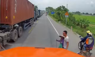 Tài xế container dừng xe dẫn bà lão sang đường