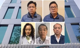 Các bị can từ trái sang phải: Nguyễn Vũ Bảo Hoàng; Nguyễn Ngọc Trường Chinh; Nguyễn Thị Bích Ngọc; Quan Minh Tuấn; Nguyễn Văn Lành. Ảnh: Bộ Công an