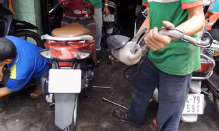 Thợ sửa xe tháo một ống xả bên trong chứa đầy nước.