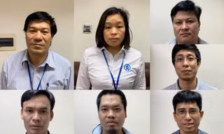 Các bị can trong vụ án nâng khống giá hệ thống xét nghiệm dịch COVID -19 ảnh: lê dương