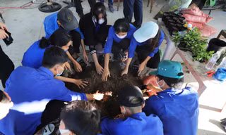 Các chiến sĩ Mùa hè xanh của Đoàn trường ĐH Sư phạm hướng dẫn và chuyển giao kỹ thuật ươm cây giống cho ĐVTN xã Duy Phước (huyện Duy Xuyên, tỉnh Quảng Nam)