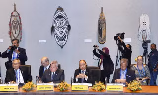 Thủ tướng Nguyễn Xuân Phúc tại cuộc Đối thoại giữa các Nhà lãnh đạo APEC với Lãnh đạo các Quốc đảo Thái Bình Dương. (Ảnh: Thống Nhất/TTXVN)
