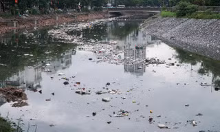 Rác 'ngập trắng' sông Tô Lịch sau cơn mưa lớn