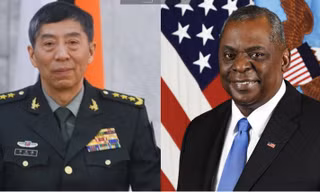 Bộ trưởng Quốc phòng Trung Quốc Lý Thượng Phúc và Bộ trưởng Quốc phòng Mỹ Lloyd Austin. (Ảnh: AP)