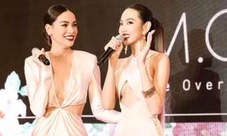 Hoa hậu Thuỳ Tiên mặc jumpsuit khoét vòng 1 gợi cảm, toả sáng bên Hồ Ngọc Hà ở sự kiện 