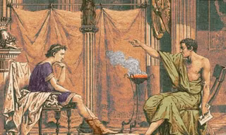 Hình minh họa được tô màu (theo bản khắc từ 'Vies des Savants Illustres' của Louis Figuier, khoảng năm 1867) mô tả Alexander Đại đế (356-323 TCN) ngôi bên trái mặc áo dài màu tím khi được Aristotle (384-322 TCN) dạy.