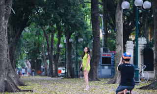 Người Hà Nội xuống phố chụp ảnh lá vàng rơi bất chấp giãn cách xã hội