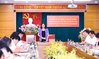 Phó Bí thư Thành ủy Hà Nội Nguyễn Thị Tuyến làm việc với Quận ủy Hà Đông ngày 28/7.