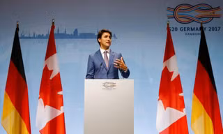 Thủ tướng Canada Justin Trudeau họp báo thông tin kết quả Hội nghị thượng đỉnh G20 tại Hamburg, Đức ngày 8/7/2017. Ảnh: Reuters
