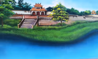 Một phần của bức bích họa về sông Hương dài 300 mét tại Huế. Đây có thể là một kỷ lục hội họa về chủ đề sông Hương.