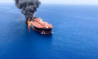 Hình ảnh tàu dầu cháy trên vịnh Oman. Ảnh: Reuters