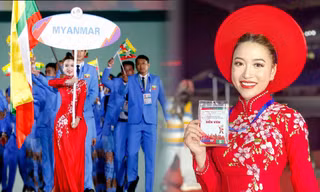Cầm biển tên diễu hành SEA Games 31, diễn viên Hoàng Mai Anh được các VĐV Myanmar cổ vũ nhiệt tình