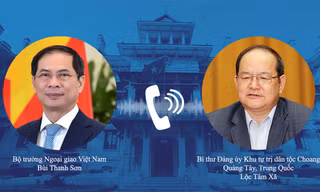 Bộ trưởng Bùi Thanh Sơn và Bí thư Đảng ủy Khu Tự trị dân tộc Choang Quảng Tây Lu Xinshe. (Ảnh: Mofa)