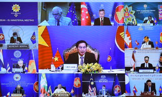 Đại diện cấp cao EU về an ninh và đối ngoại cùng các Bộ trưởng Ngoại giao ASEAN dự hội nghị trực tuyến ngày 6/8. (Ảnh: Mofa)